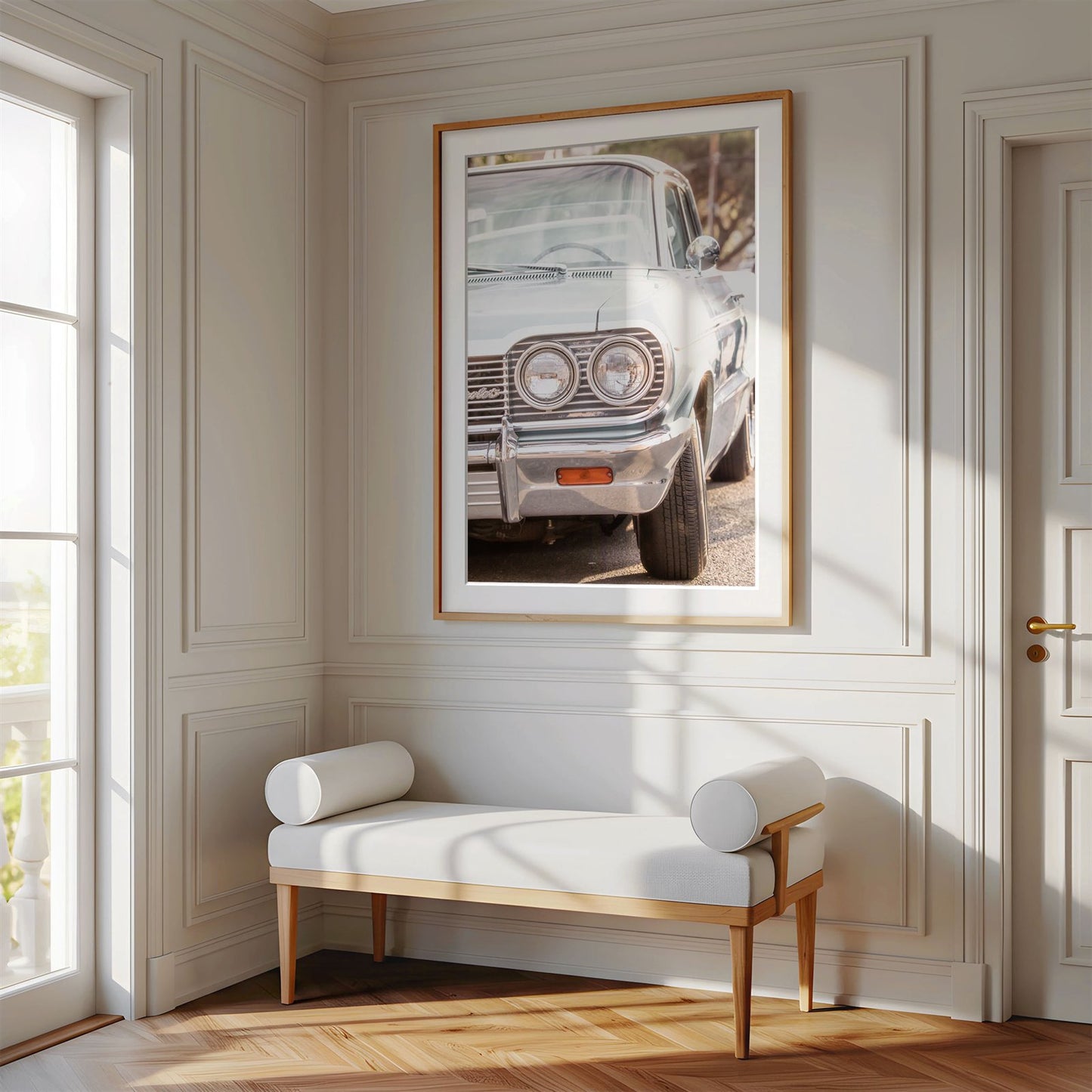 Framed photo of: Chevrolet 7975 displayed on a wall above a bench in a luxury hallway.