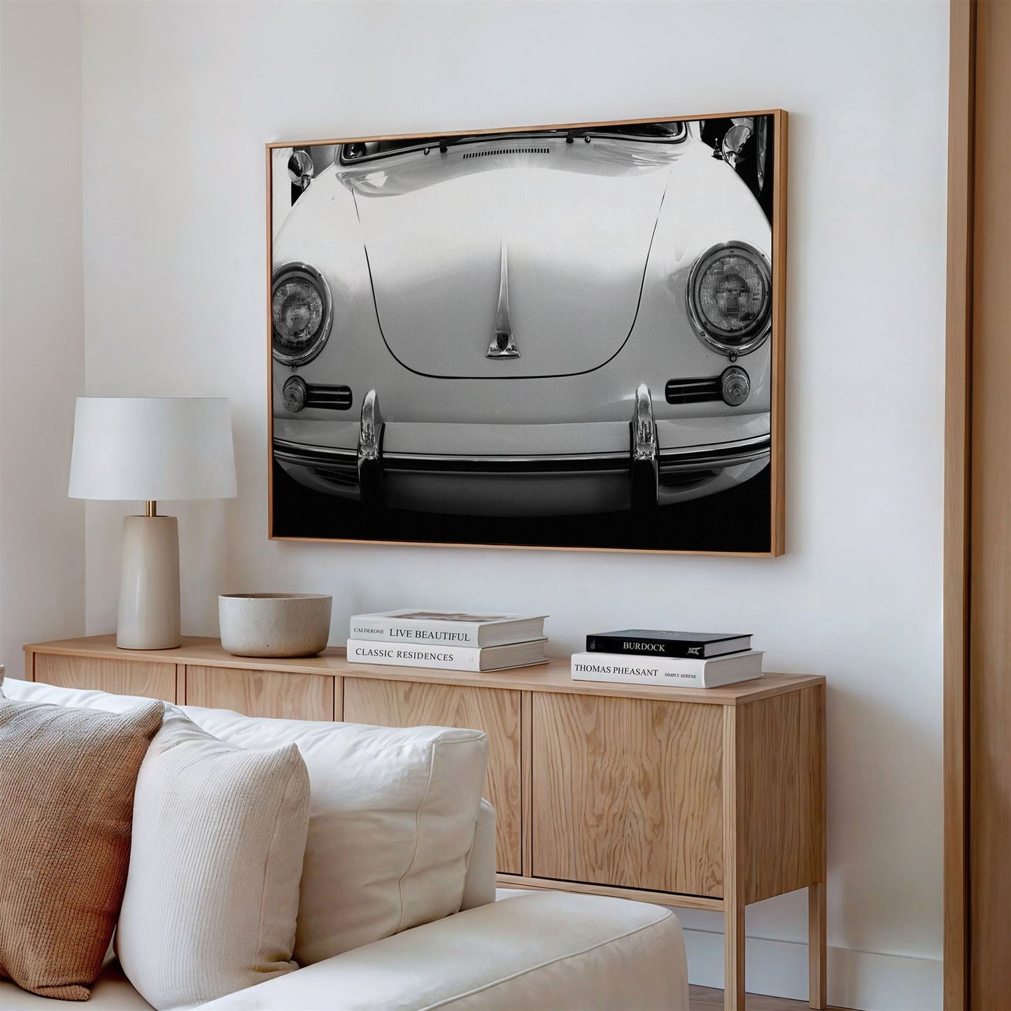 Framed canvas photo of: Porsche 8258 displayed above a couch.