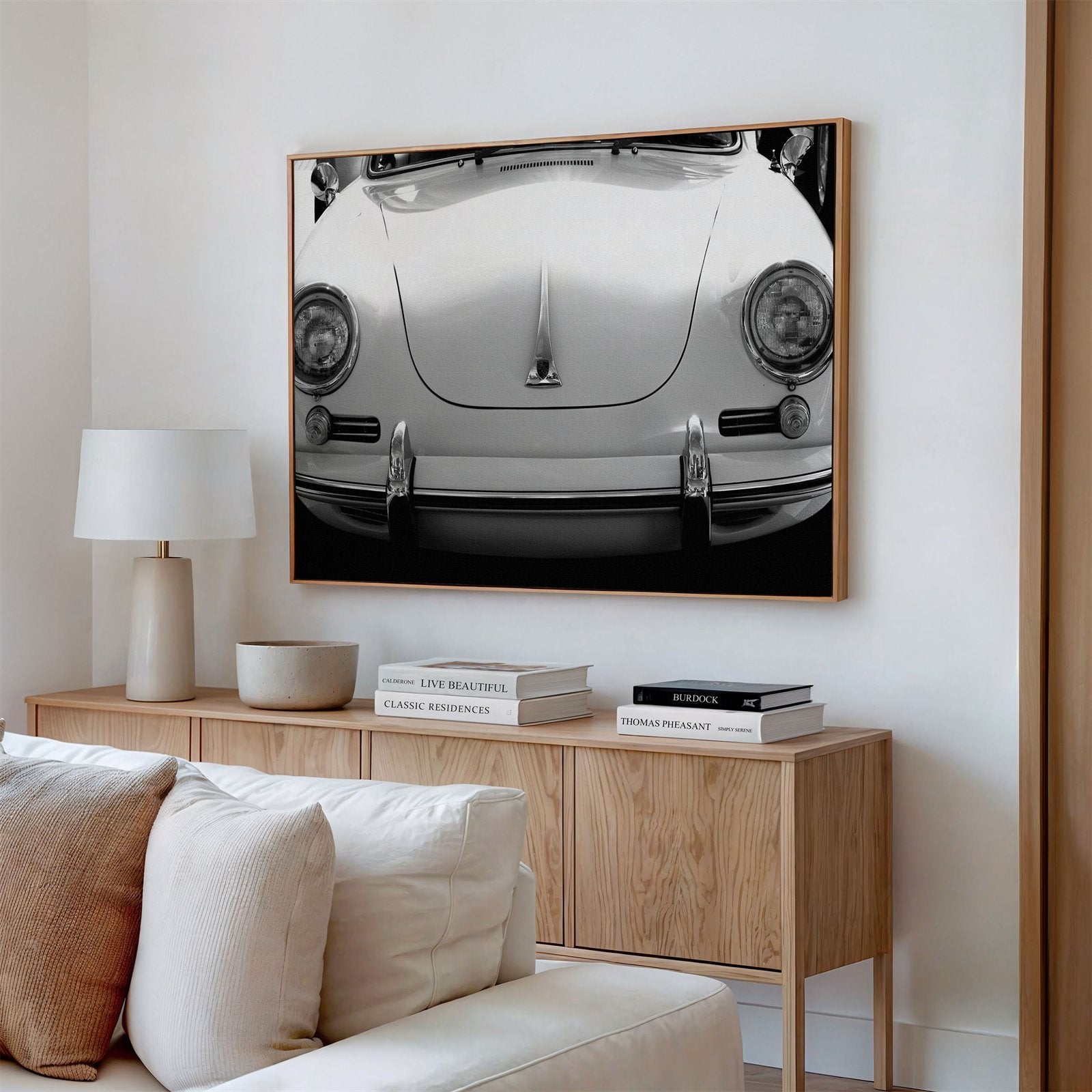 Framed canvas photo of: Porsche 8258 displayed above a couch.