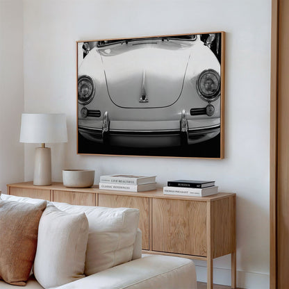 Framed canvas photo of: Porsche 8258 displayed above a couch.