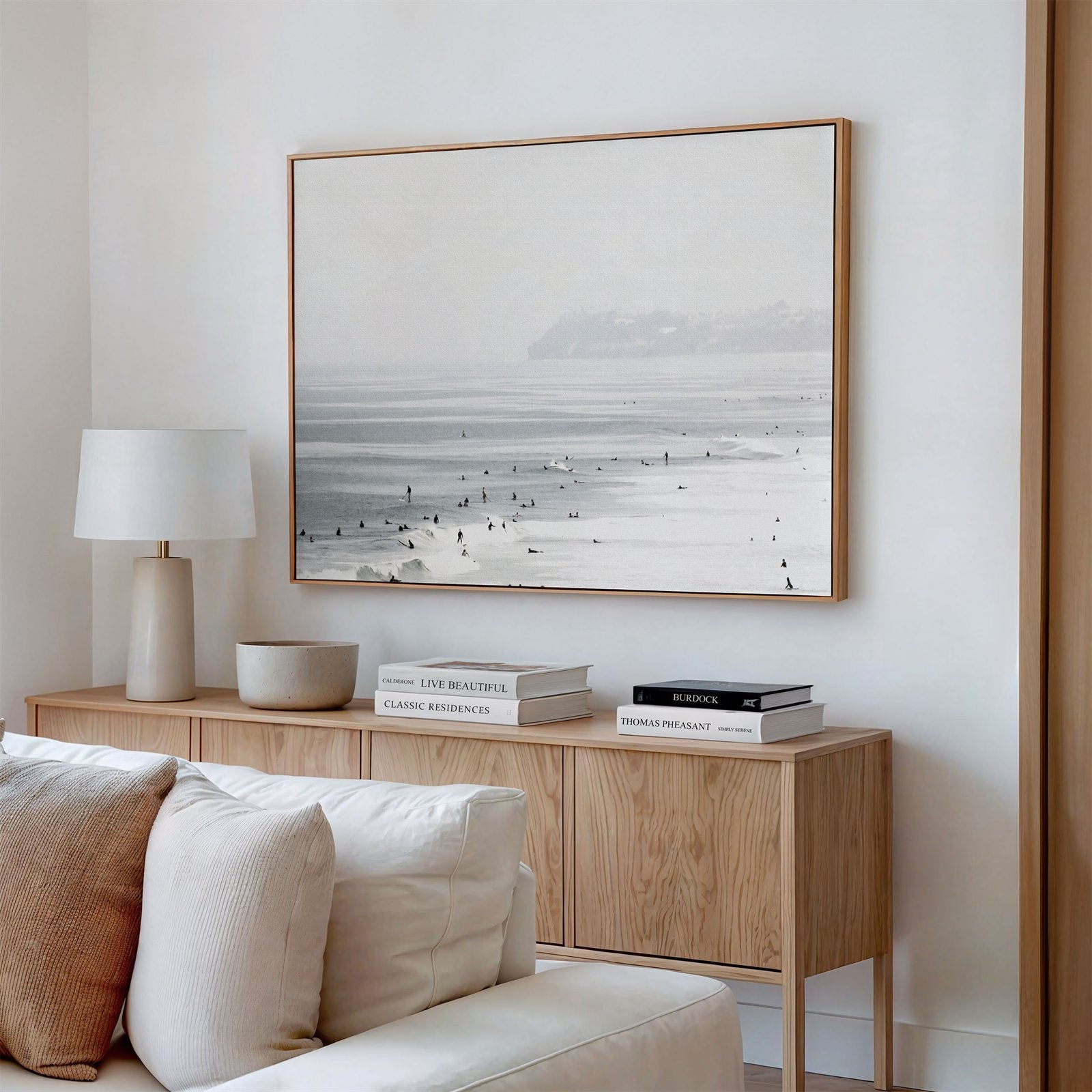 Canvas framed photo of: Del Mar 5829 displayed on a living room wall. 