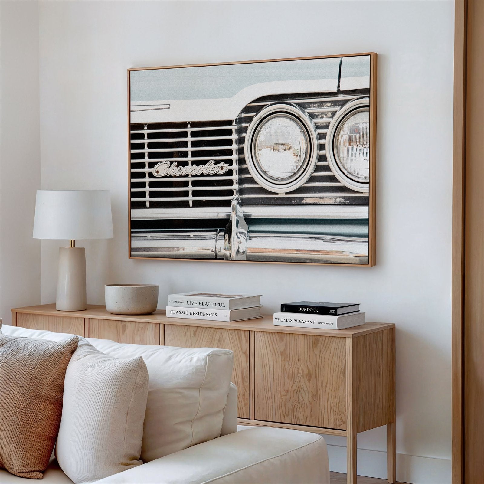 Framed canvas photo of: Chevrolet 7965 displayed in a living room above a couch.