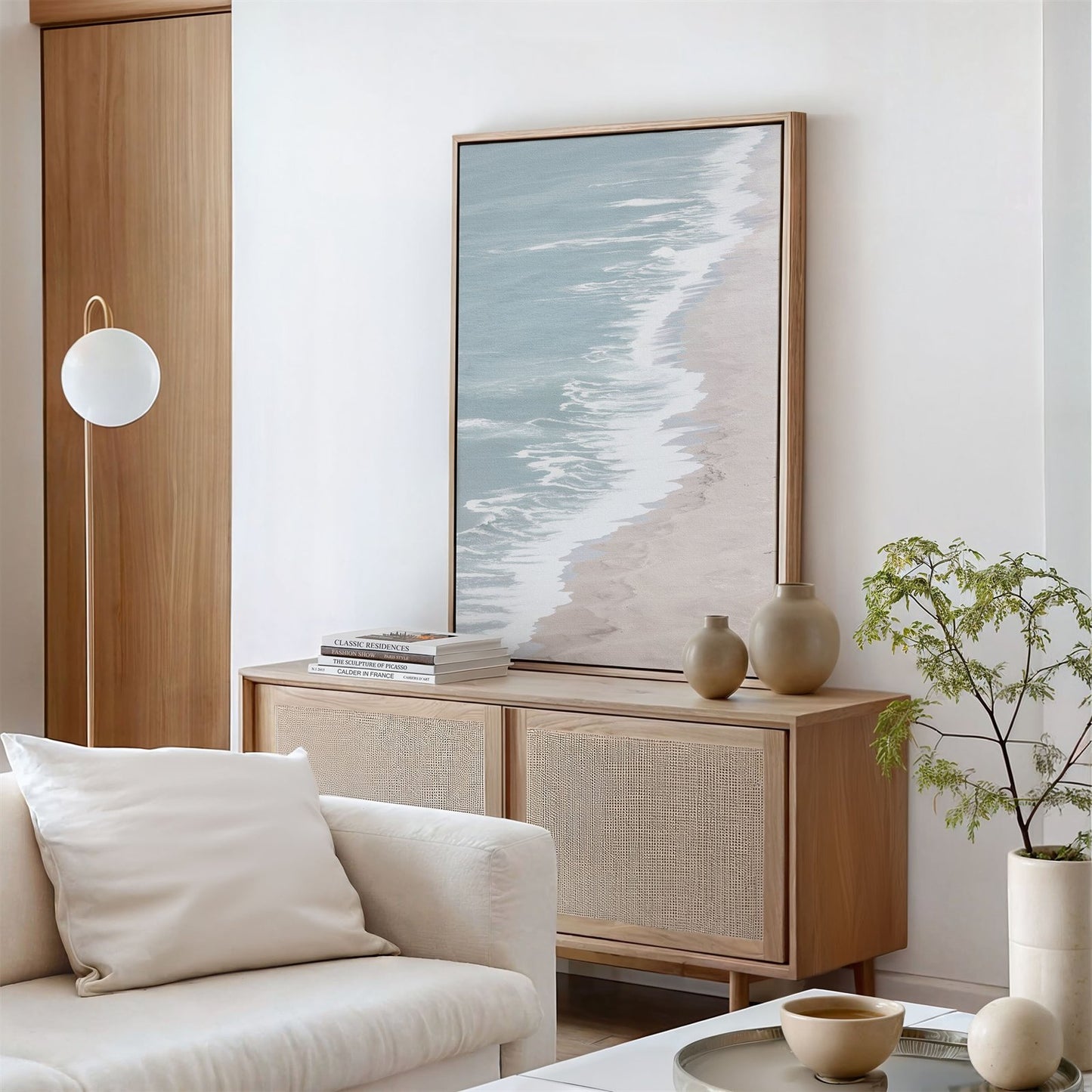 Framed canvas photo of: Point Reyes Beach 7399 displayed above a console in a modern living room.
