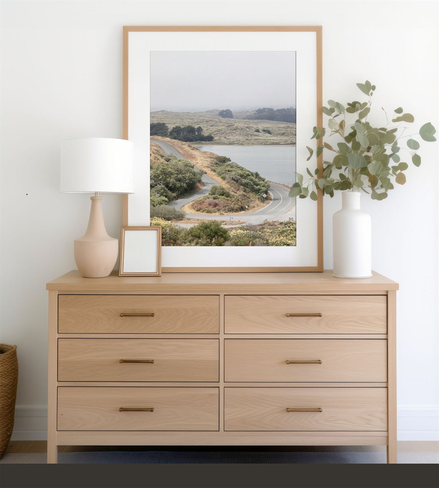 Framed photo of: Bodega Bay 7763 displayed on a modern dresser.