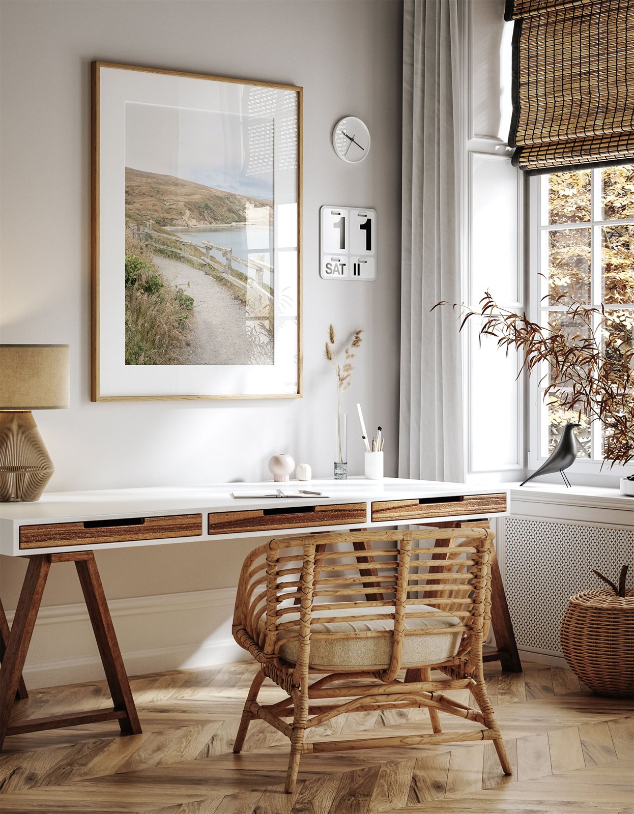 Framed photo of: Drakes Bay 7374 displayed above a desk. 