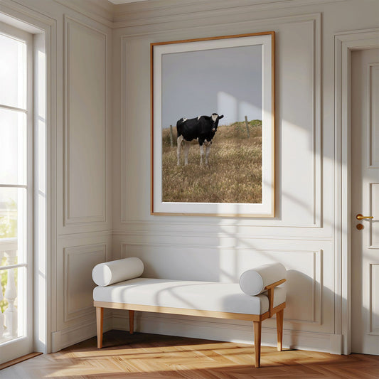 Framed photo of: Cow 7204 displayed on a wall above a bench in a luxury hallway.