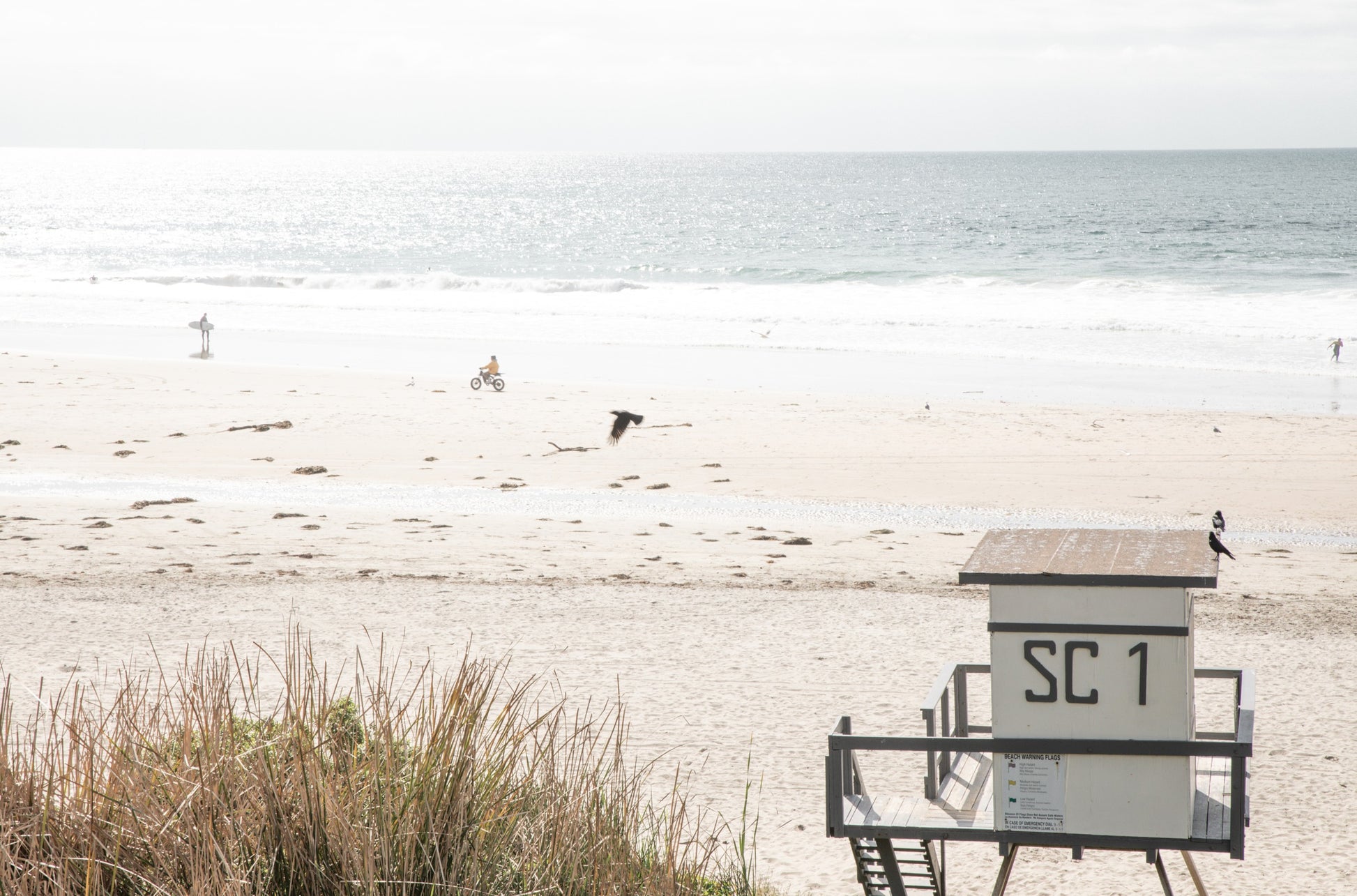 Photography by Kim Dybczak of: A lifeguard tower anchors Salt Creek, set against calm water and open sky.