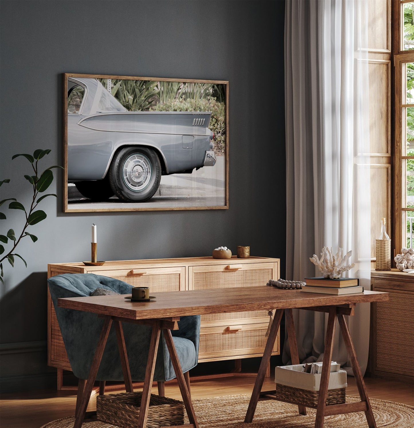 Framed photo of: Dodge Coronet 7783 displayed above a desk in a moody office.