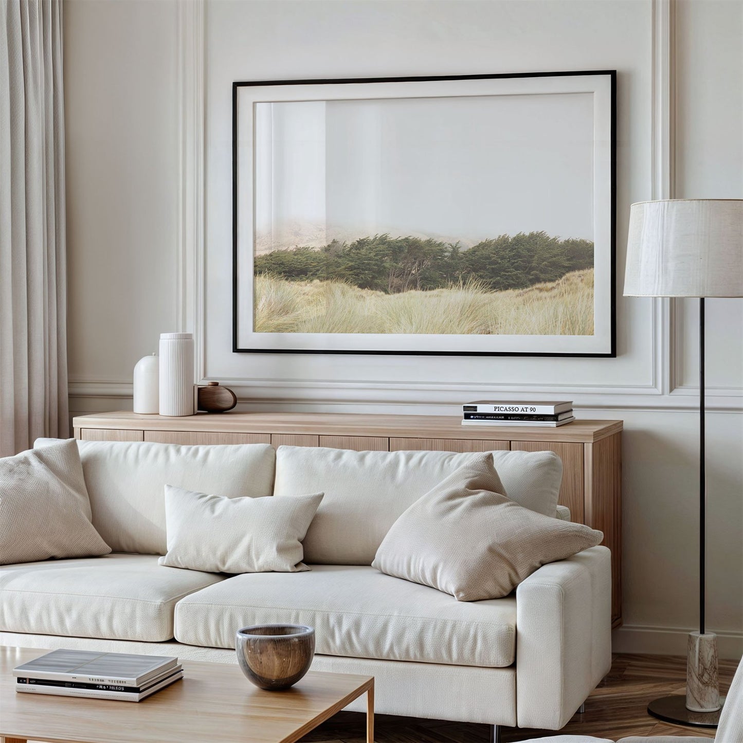 Framed photo of: Bodega Bay 7617 displayed above a couch in a living room.