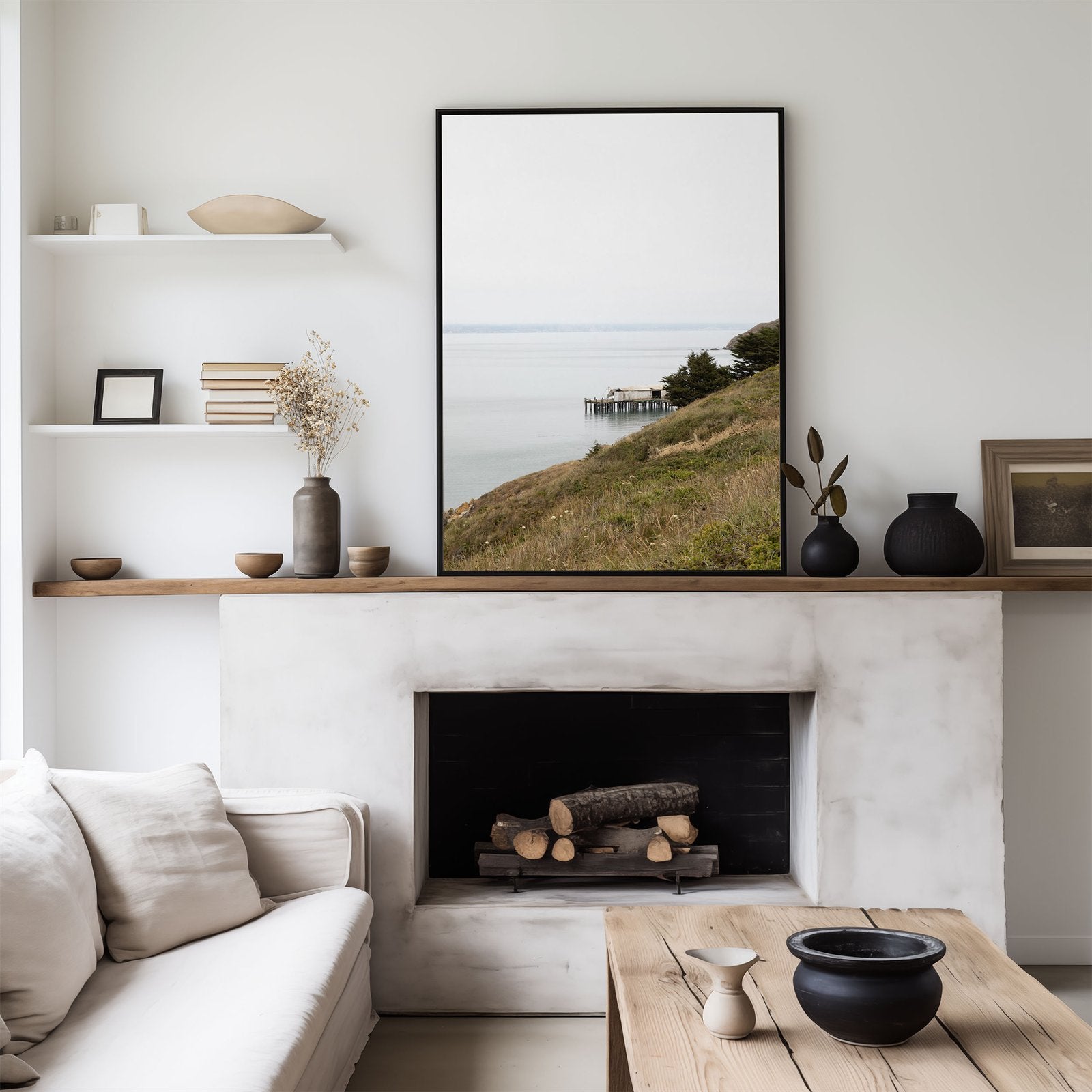 Framed photo of: Point Reyes 7379 displayed above a fireplace in a modern living room.