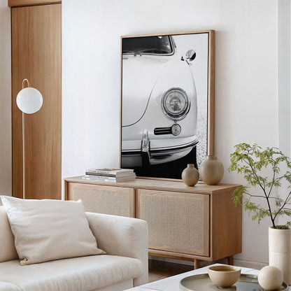 Framed canvas photo of: Porsche 8259 displayed above a console in a modern living room.