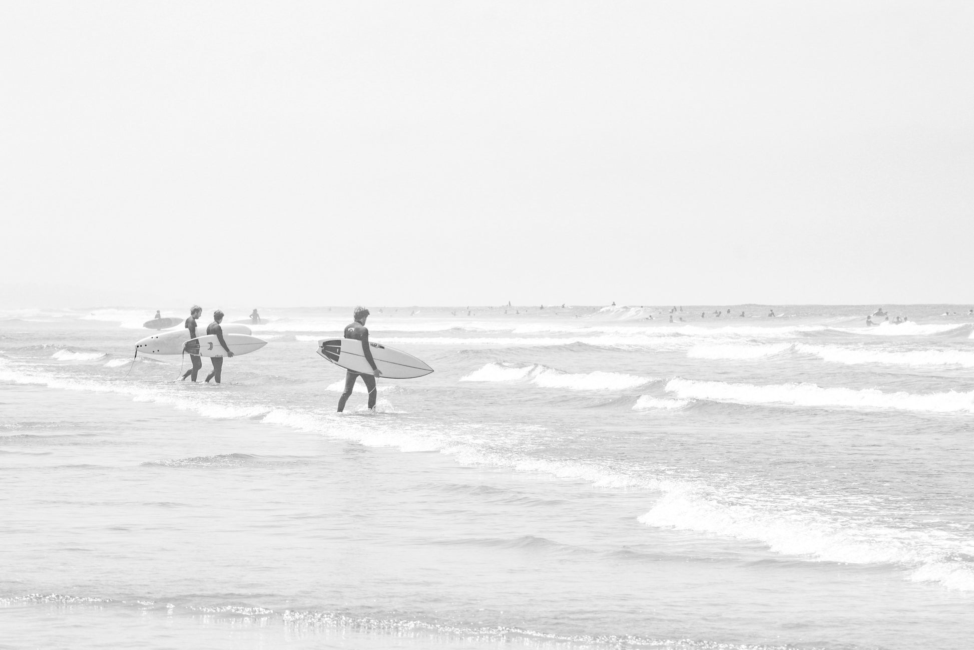 Photography by Salt Creek Prints of: Moonlight Beach 4159, black and white print, surfers walking into the water with waves.
