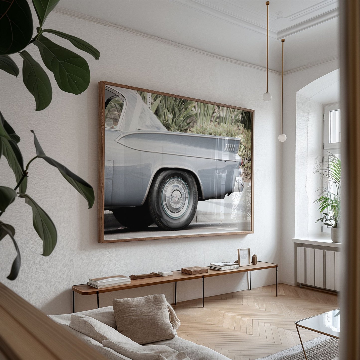 Oversized framed canvas photo of: Dodge Coronet 7783 displayed above a console in a modern living room.