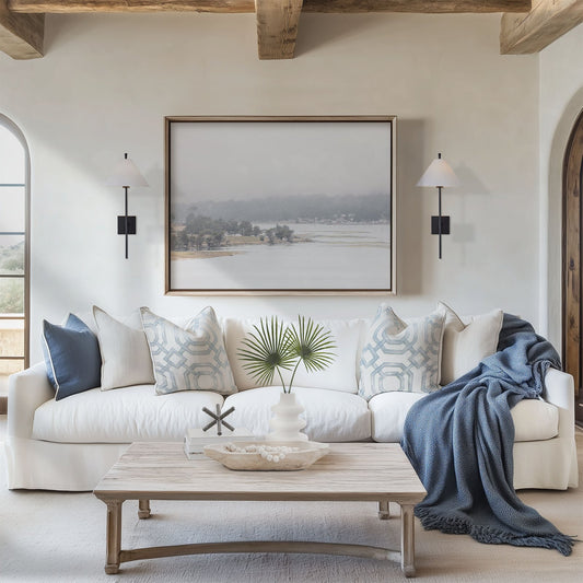 Framed photo of: Bodega Bay 7762 displayed above a couch in a coastal living room.