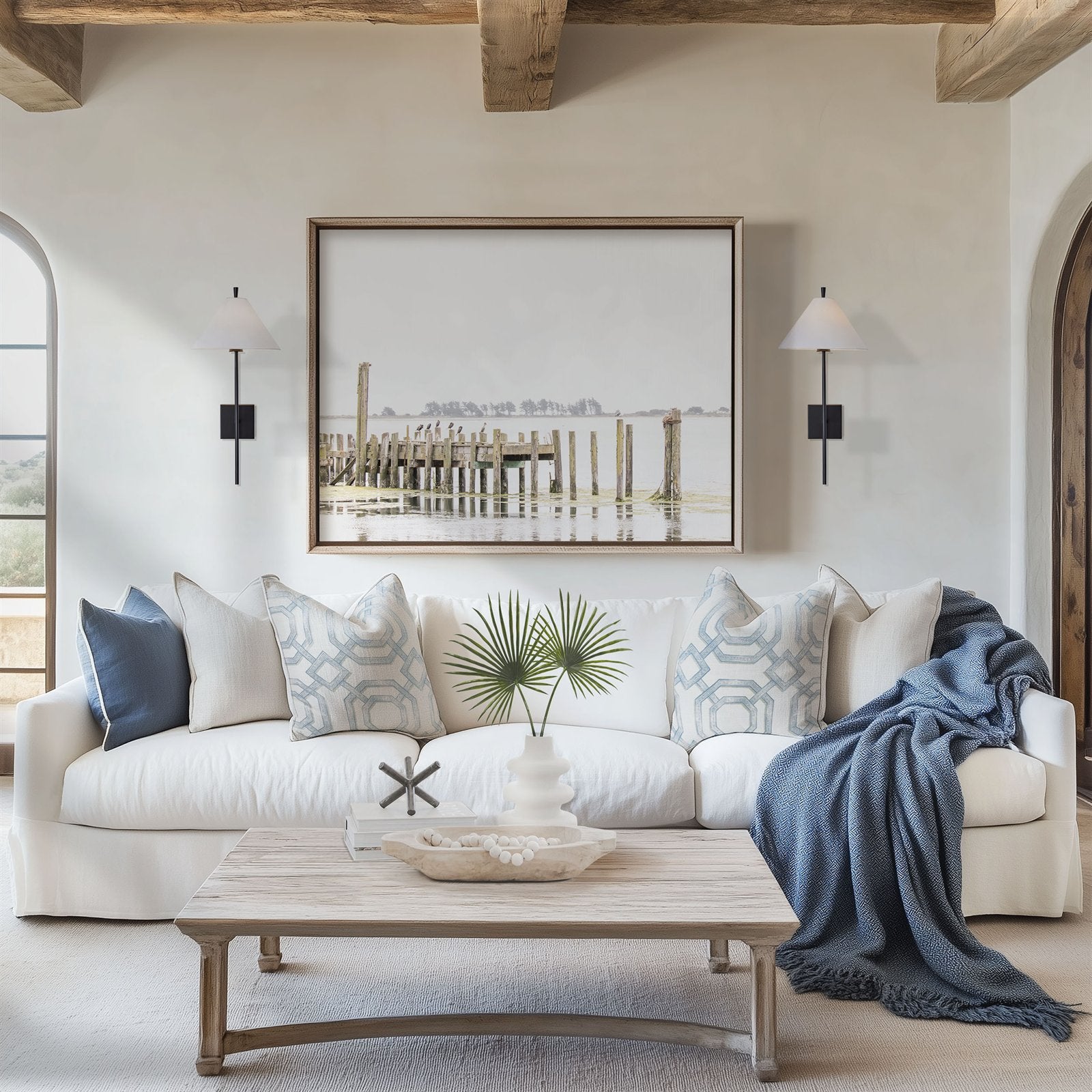 Framed photo of: Bodega Bay Pier 7637 displayed on a wall in a coastal living room.