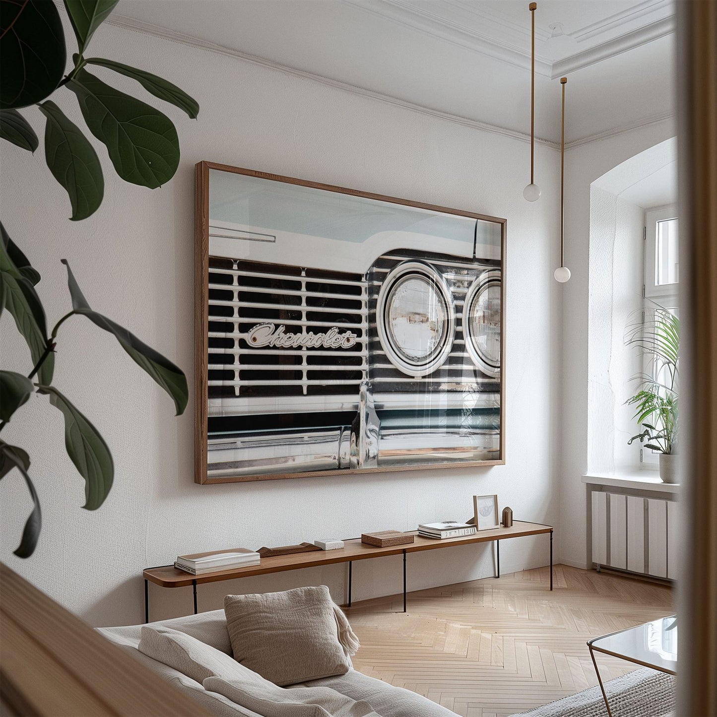 Oversized framed photo of: Chevrolet 7965 displayed above a console in a modern living room.