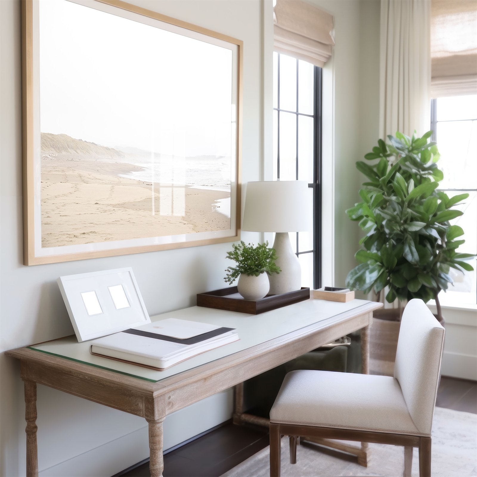 Framed photo of: Salmon Creek Beach 7569 displayed on a wall over a desk.