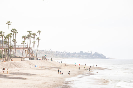 Photography by Kim Dybczak of: People crowd San Clemente State Beach, spreading from the sand into the breaking surf.
