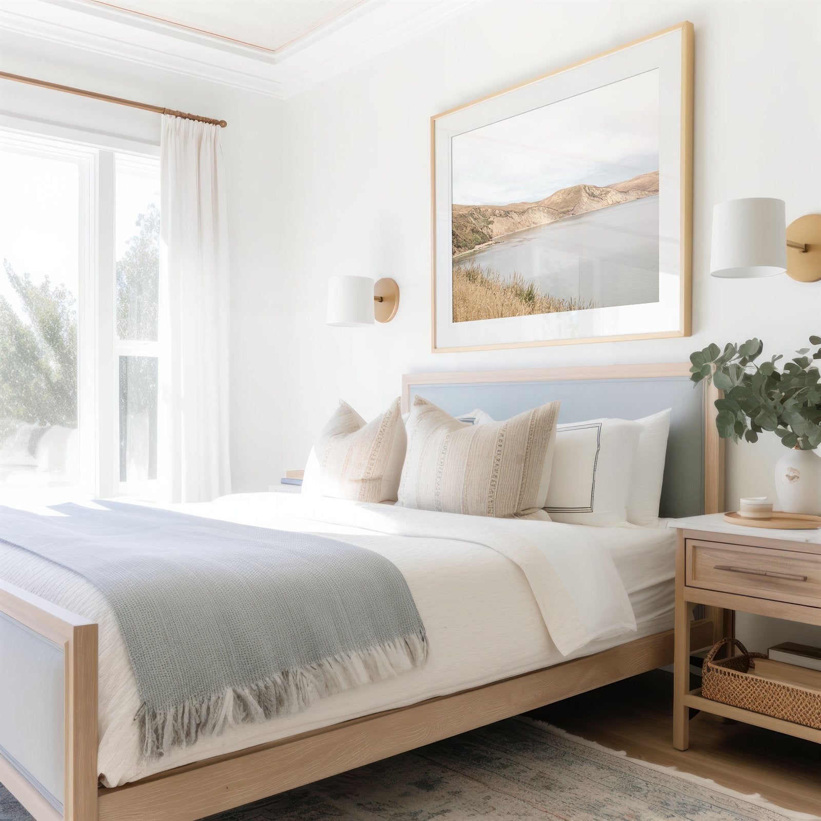 Framed photo of: Drakes Bay 7384 displayed above a bed in a coastal bedroom.