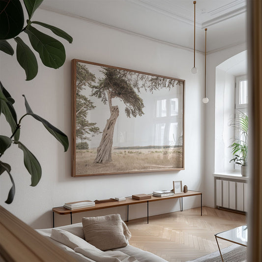 Oversized framed photo of: Point Reyes 7161 displayed above a console in a living room.