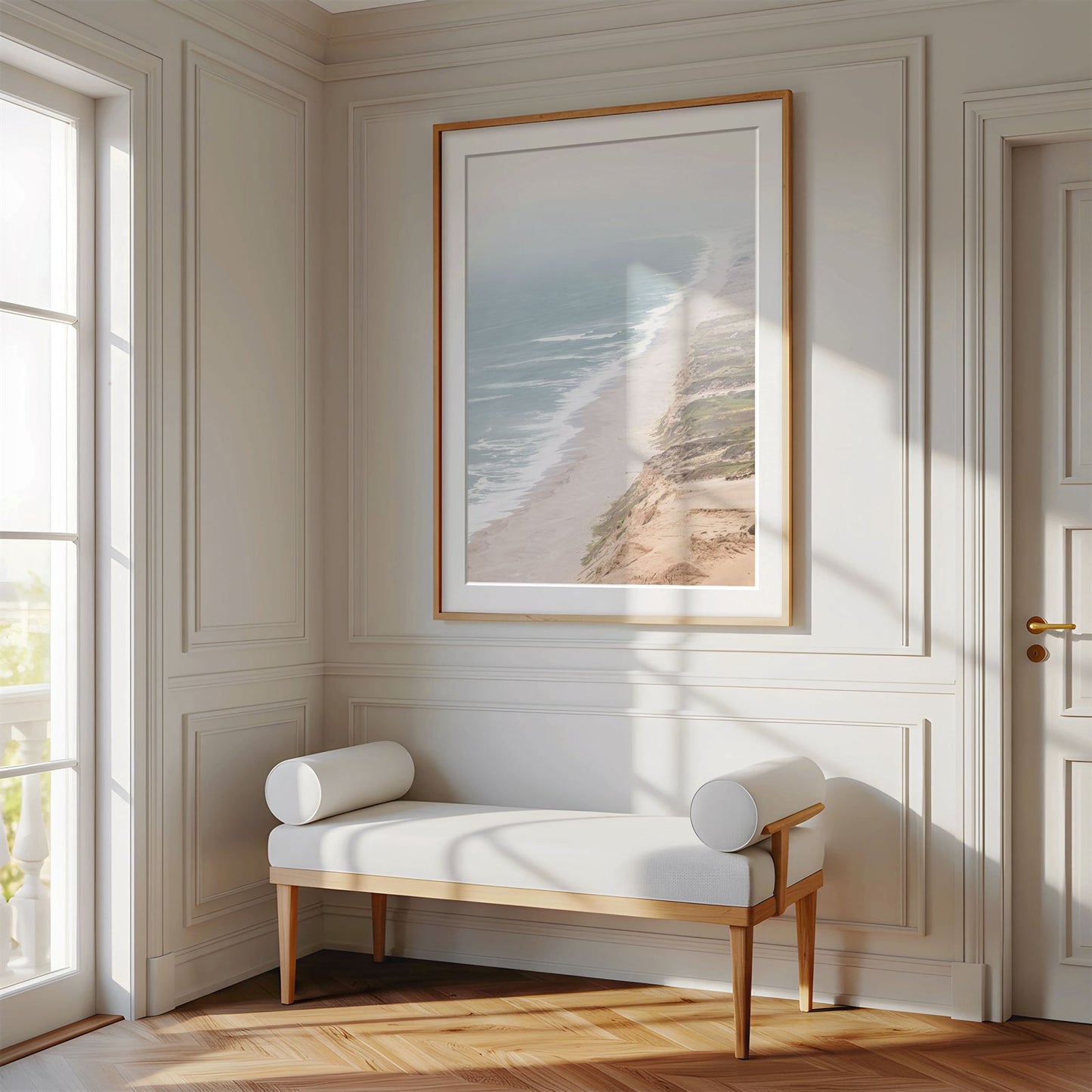 Framed photo of: Point Reyes Beach 7430 displayed above a bench in a luxury hallway.