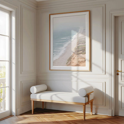 Framed photo of: Point Reyes Beach 7430 displayed above a bench in a luxury hallway.
