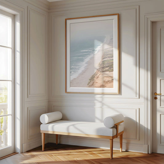 Framed photo of: Point Reyes Beach 7430 displayed above a bench in a luxury hallway.