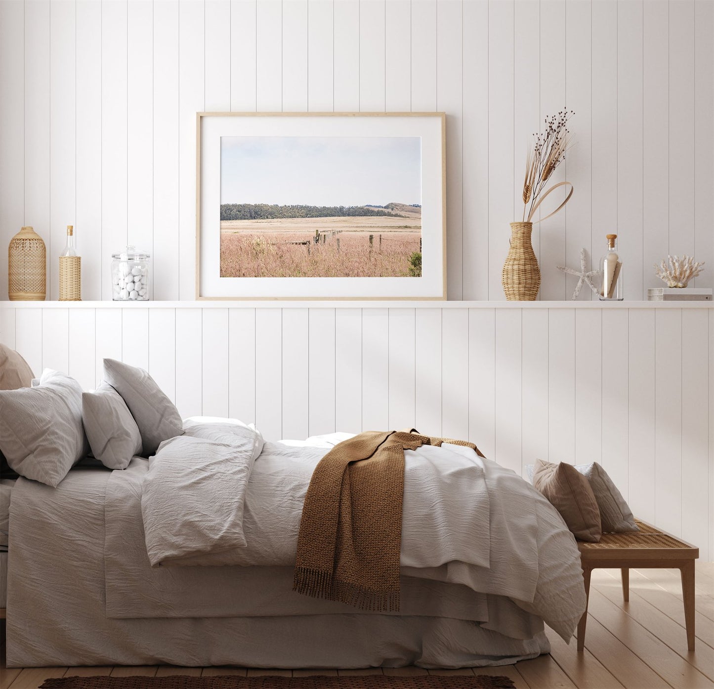 Framed photo of: Point Reyes 7187 displayed on a wall in a farmhouse bedroom.