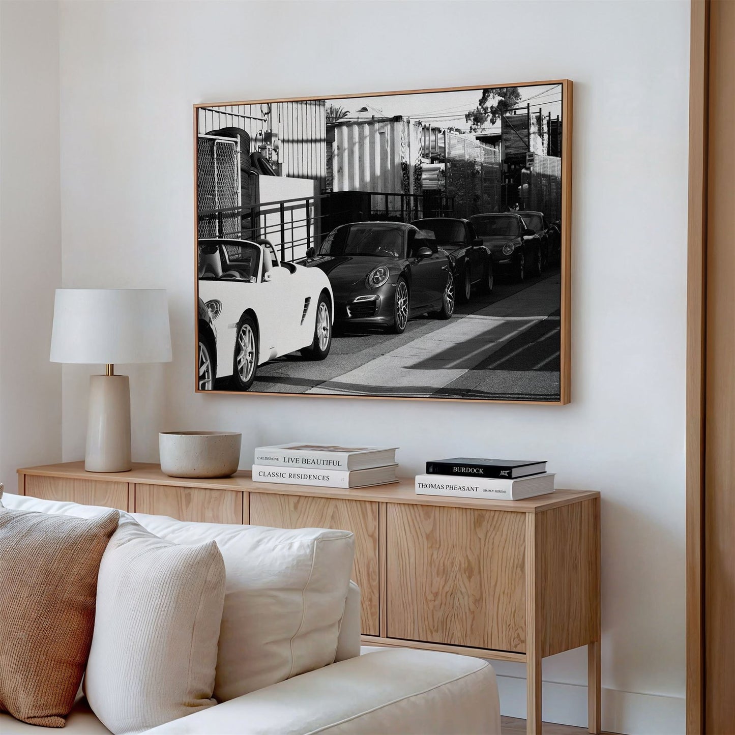 Framed canvas photo of: Porsche 8352 displayed above a couch.