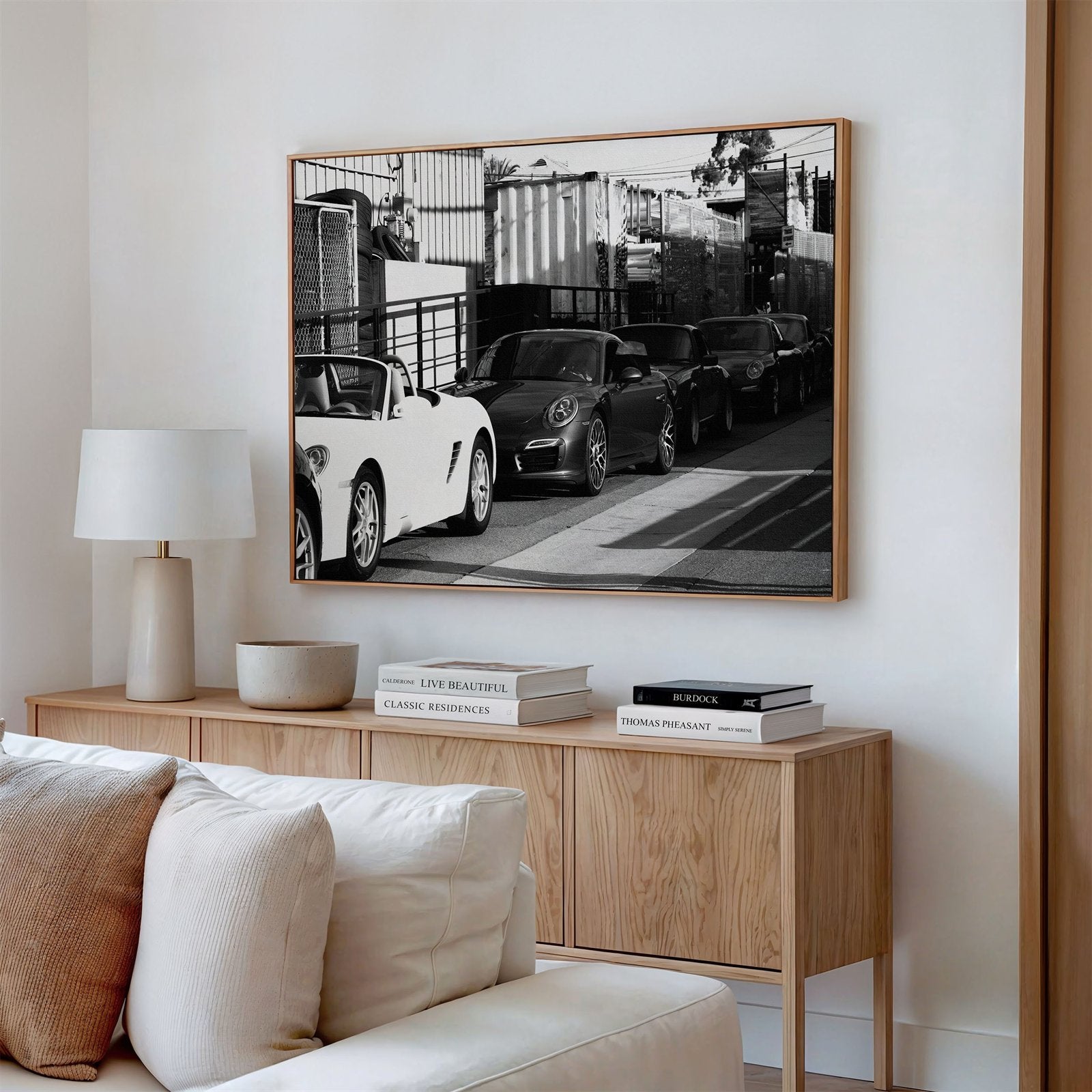 Framed canvas photo of: Porsche 8352 displayed above a couch.