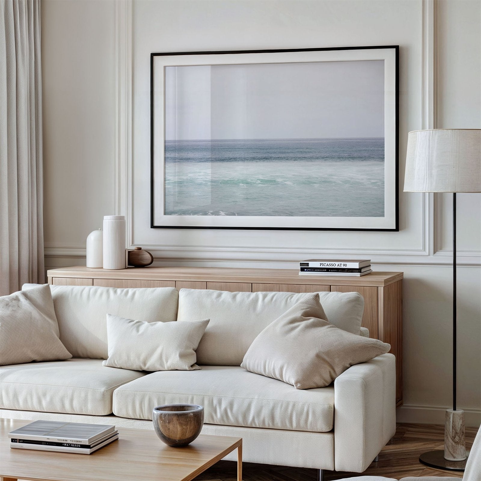 Framed photo of: Torrey Pines 8653 displayed above a couch in a modern living room.