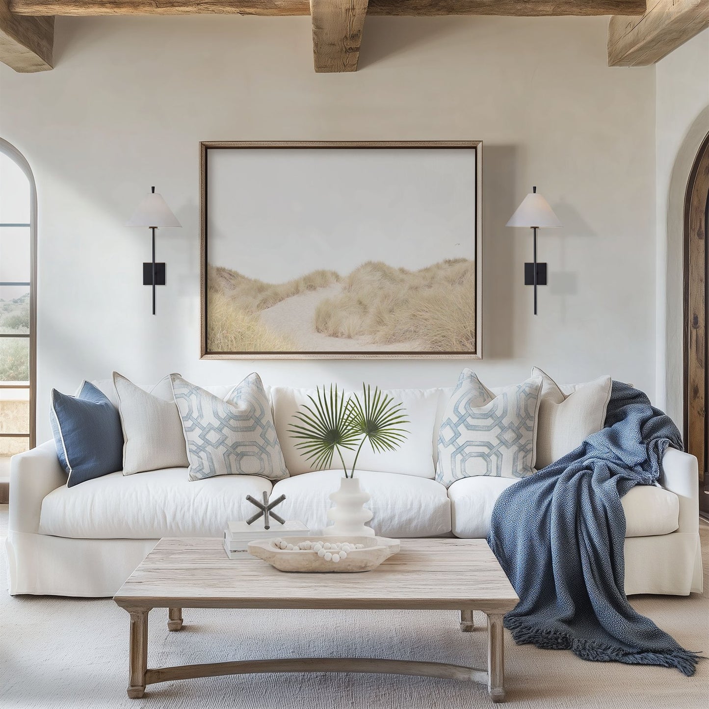 Framed photo of: Salmon Creek Beach 7625 displayed in a coastal living room above a couch.