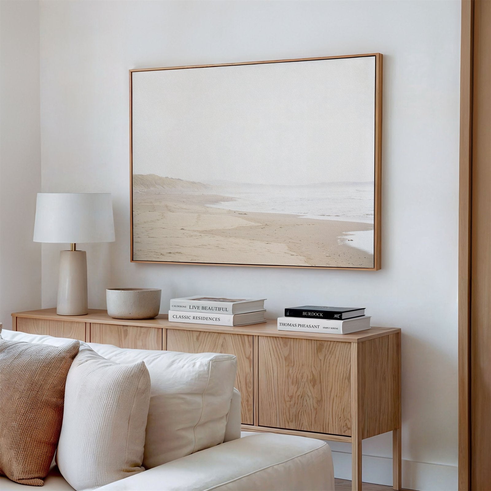 Canvas framed photo of: Salmon Creek Beach 7569 in a living room above a console.