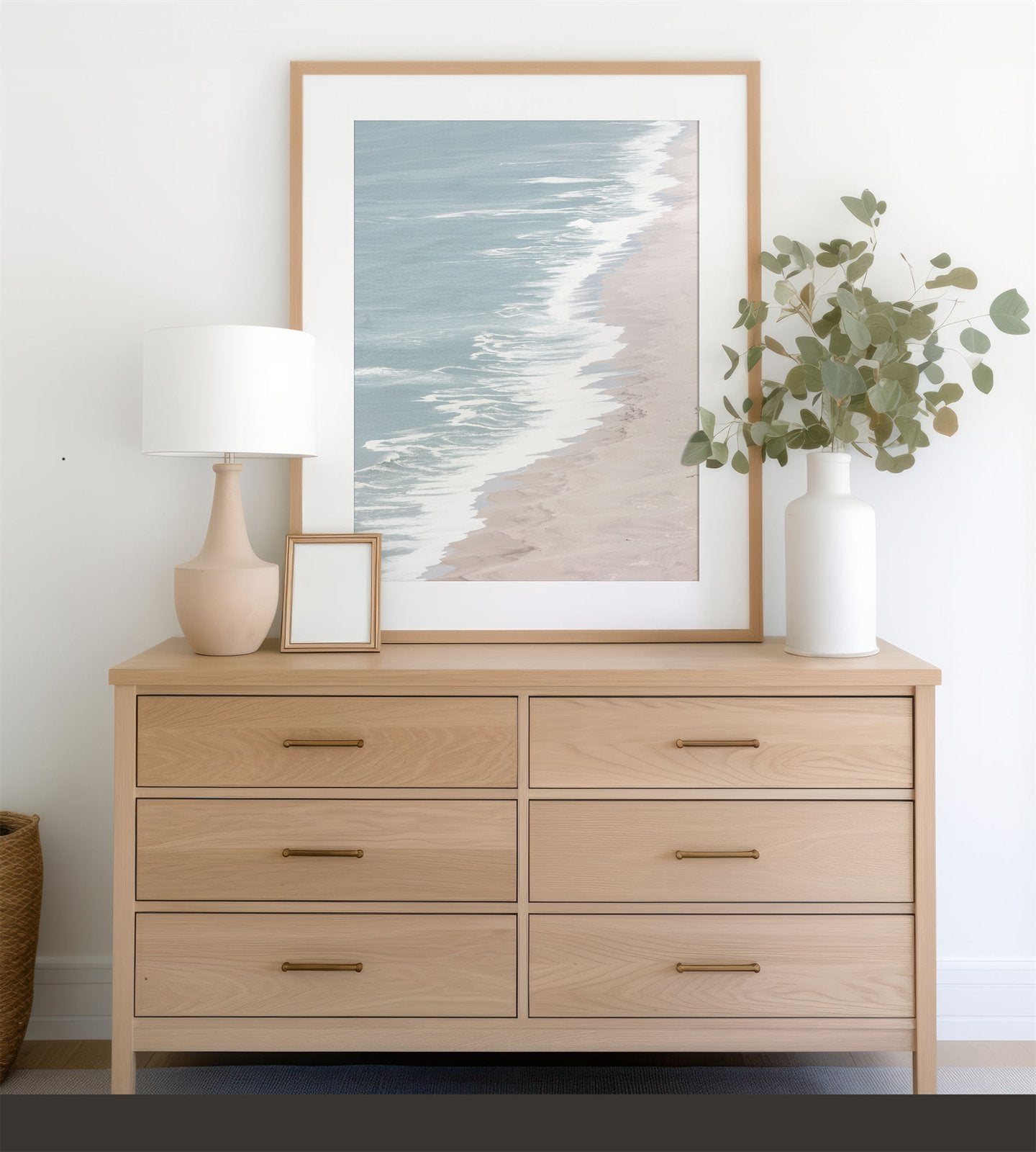 Framed photo of: Point Reyes Beach 7399 displayed above a modern dresser.