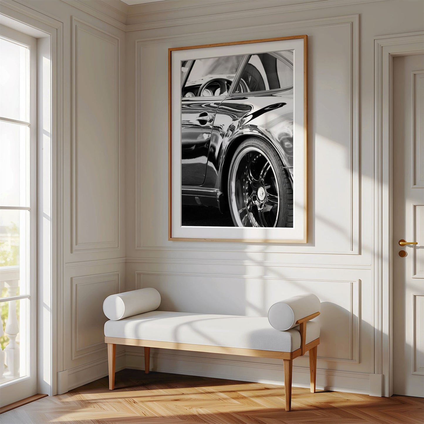 Framed photo of: Porsche 8346 displayed on a wall above a bench in a luxury hallway.