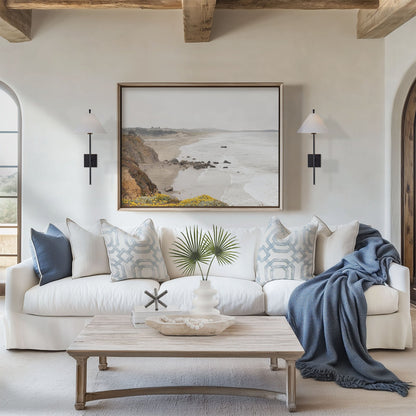 Framed photo of: Salmon Creek Beach 7463 displayed in a coastal living room above a couch.