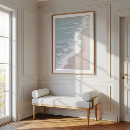 Framed photo of: Point Reyes Beach 7399 displayed above a console in a luxury hallway.