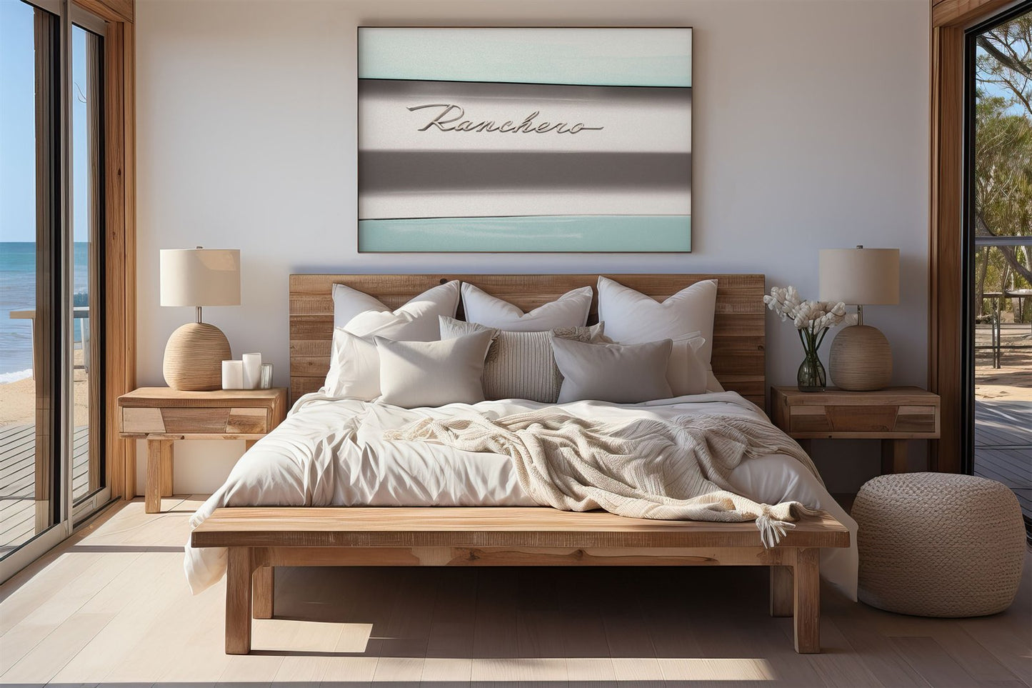 Framed photo of: Ranchero 7781 displayed above a bed in a neutral bedroom.