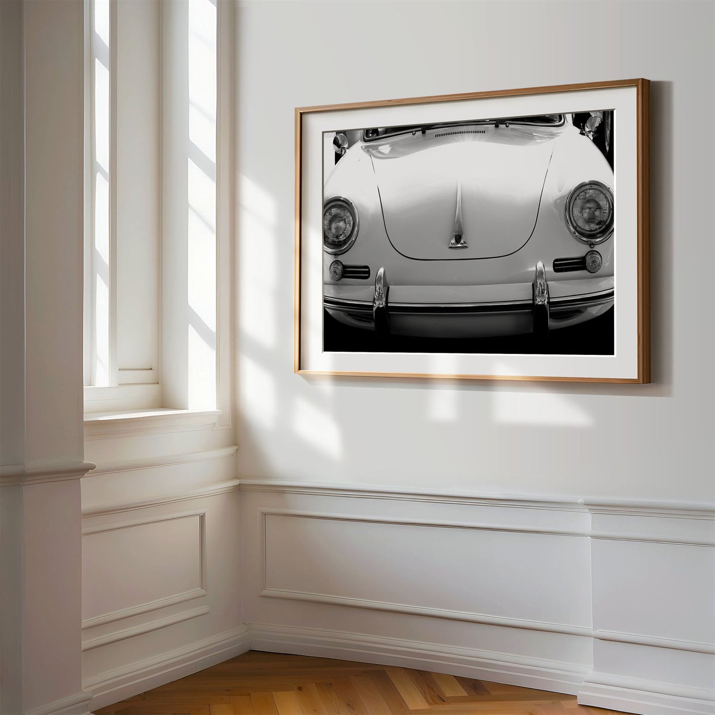 Framed photo of: Porsche 8258 displayed on a wall in a luxury hallway.