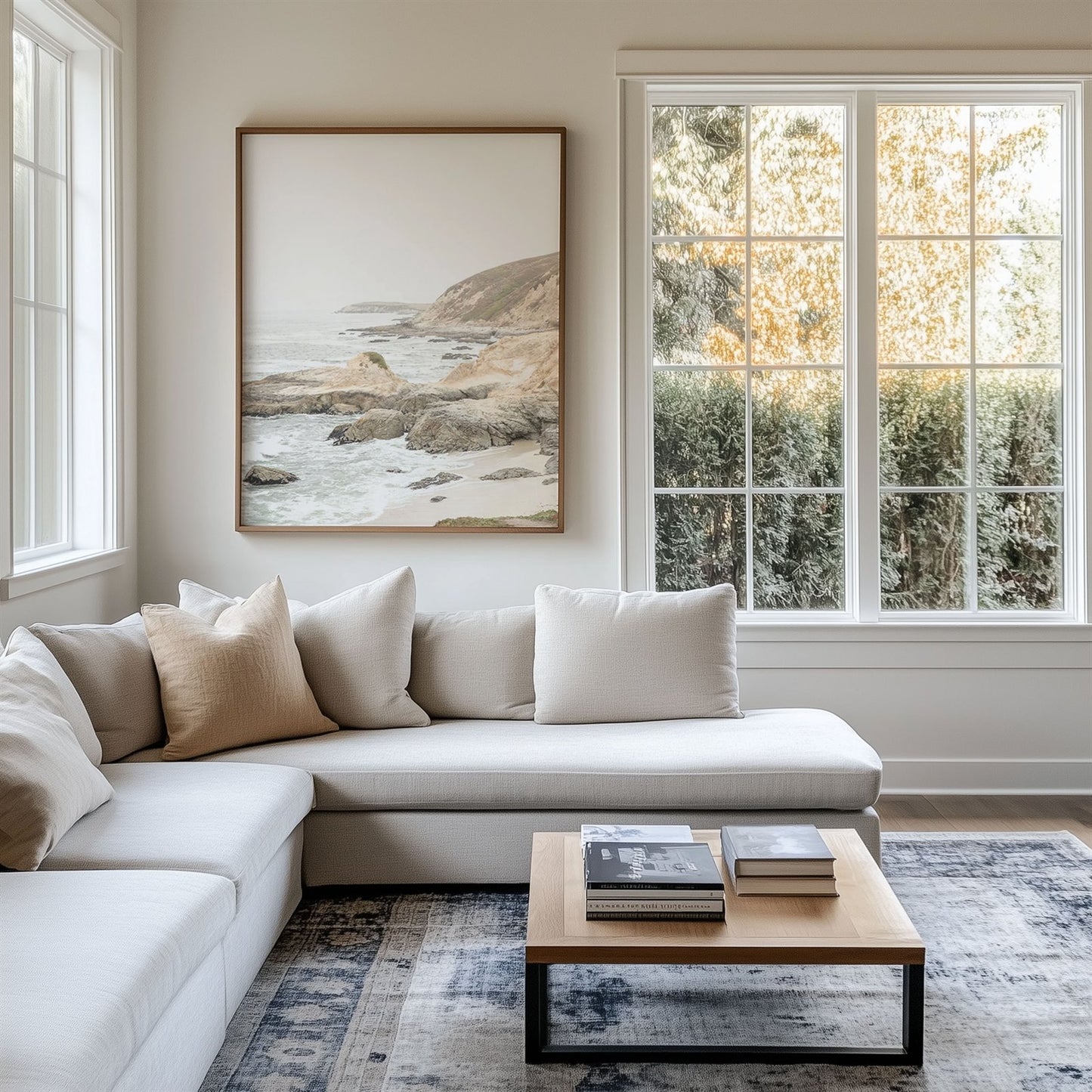 Framed photo of: Bodega Head 7708 displayed above a couch in a living room.