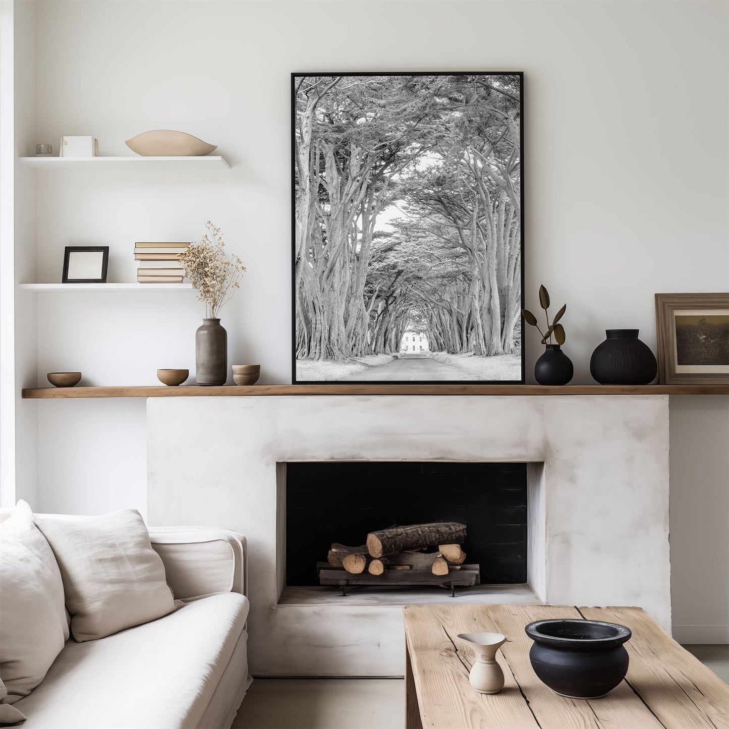 Framed photo of: Cypress Tree Tunnel 7171 displayed above a fireplace.