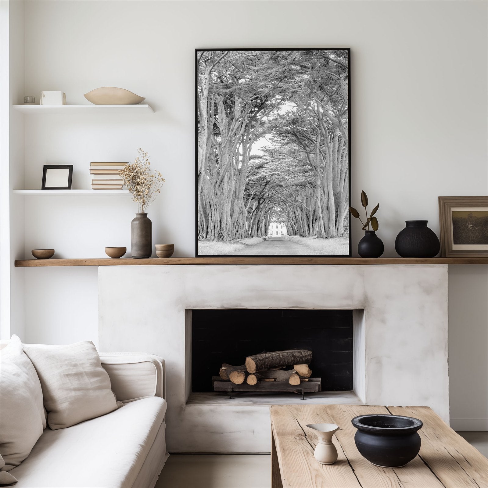 Framed photo of: Cypress Tree Tunnel 7171 displayed above a fireplace.