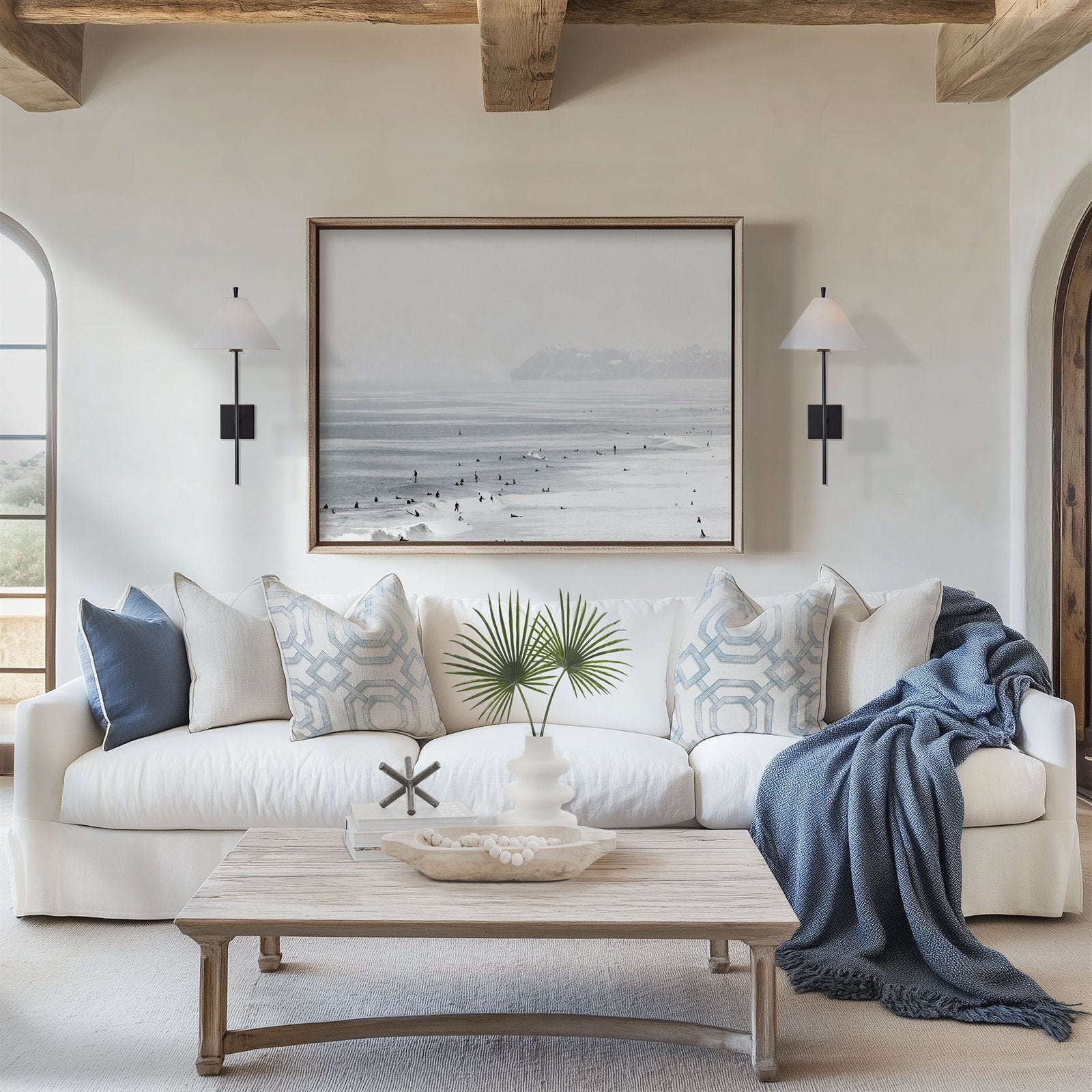 Framed photo of: Del Mar 5829 displayed framed on a living room wall with coastal decor.