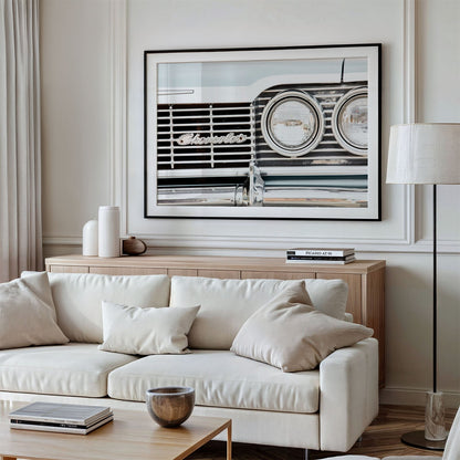 Framed photo of: Chevrolet 7965 displayed in a living room above a couch.