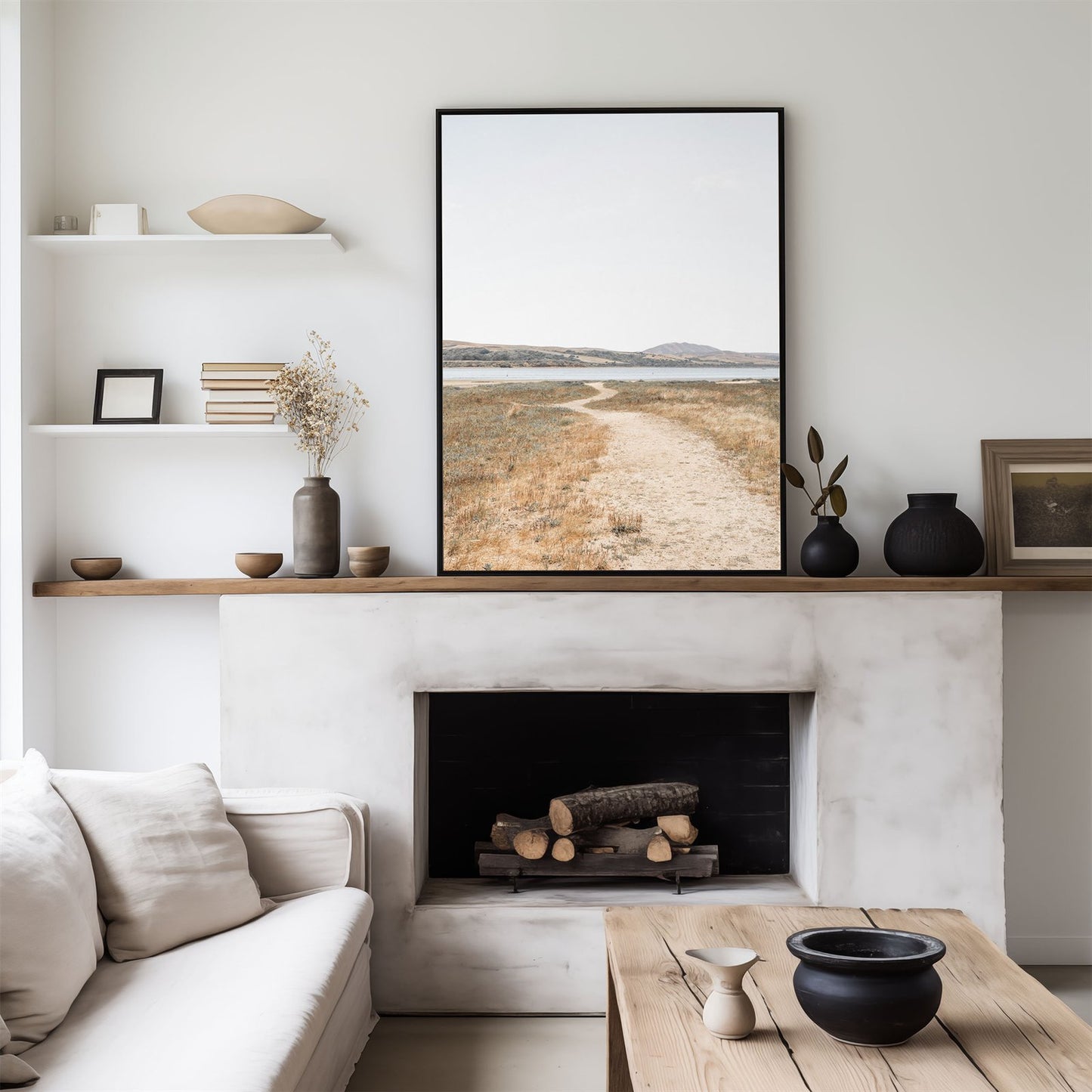 Framed photo of: Tomales Bay 7148 displayed above a fireplace.