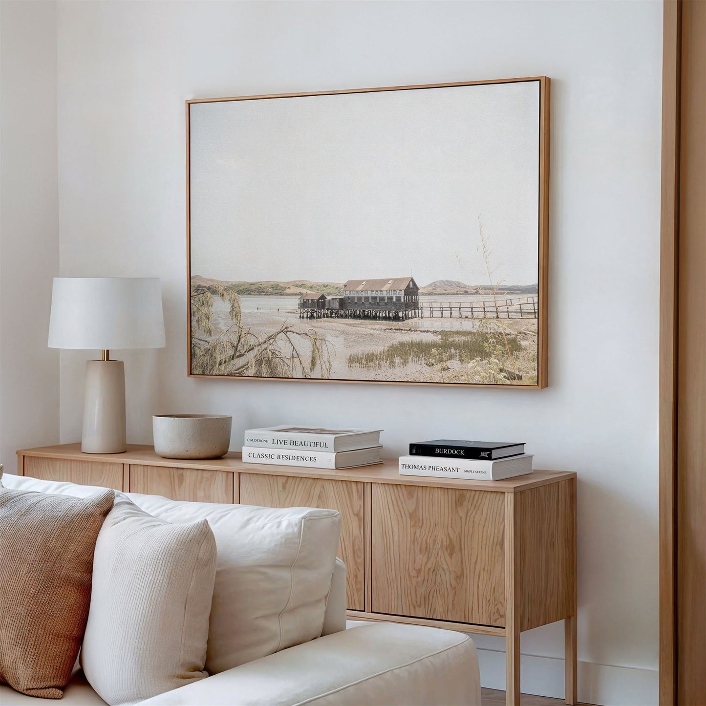 Canvas framed photo of: Tomales Bay 7146 displayed above a couch in a modern living room.