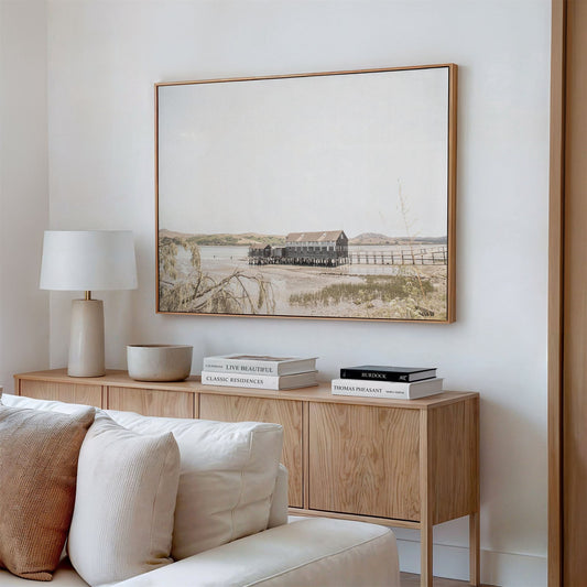 Canvas framed photo of: Tomales Bay 7146 displayed above a couch in a modern living room.