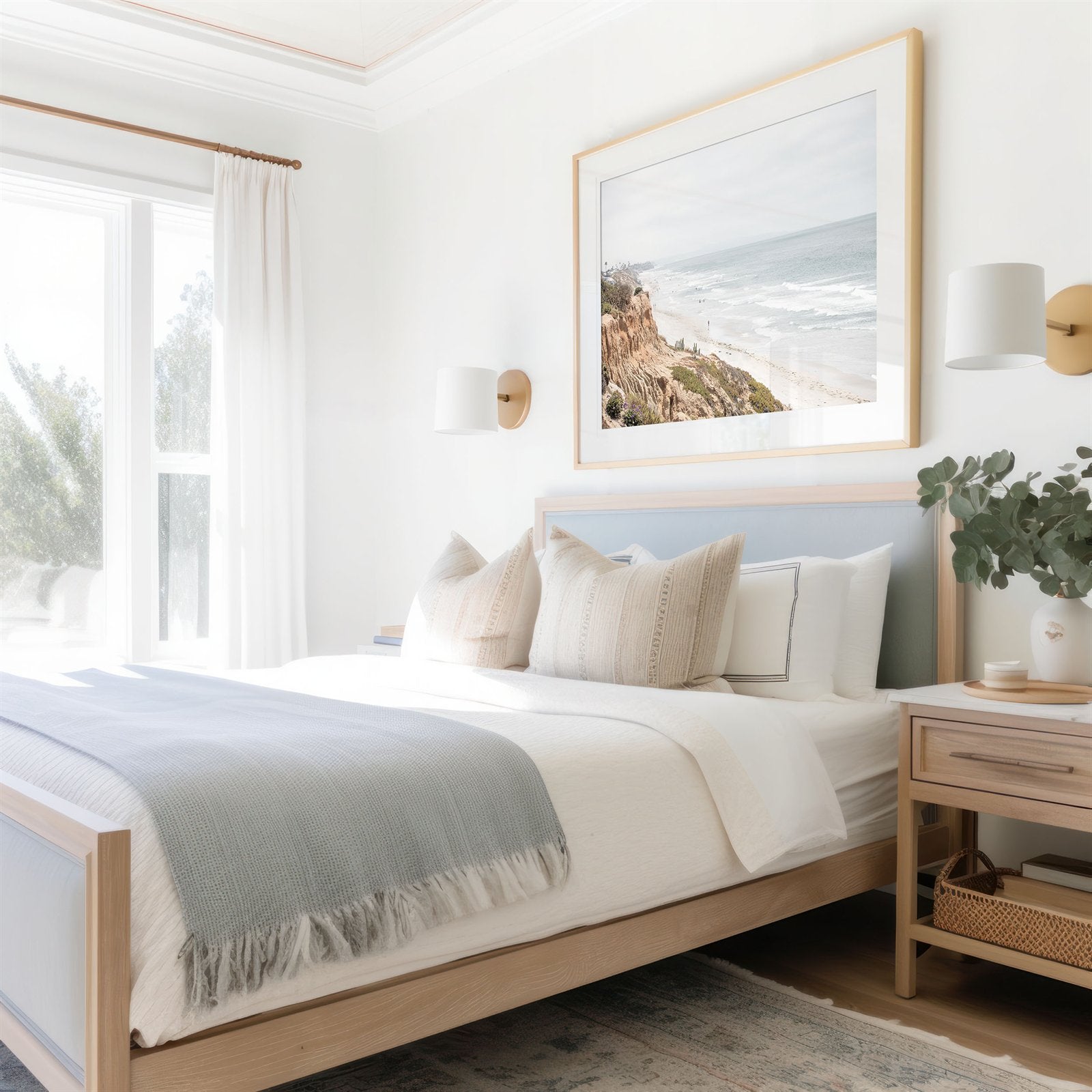 Framed photo of: Carlsbad 2309 displayed above a bed in a coastal bedroom.