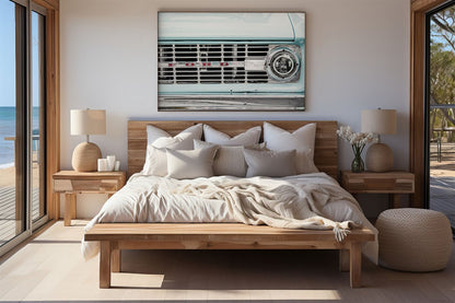 Framed photo of: Vintage Ford 7815 displayed above a bed in a neutral bedroom.