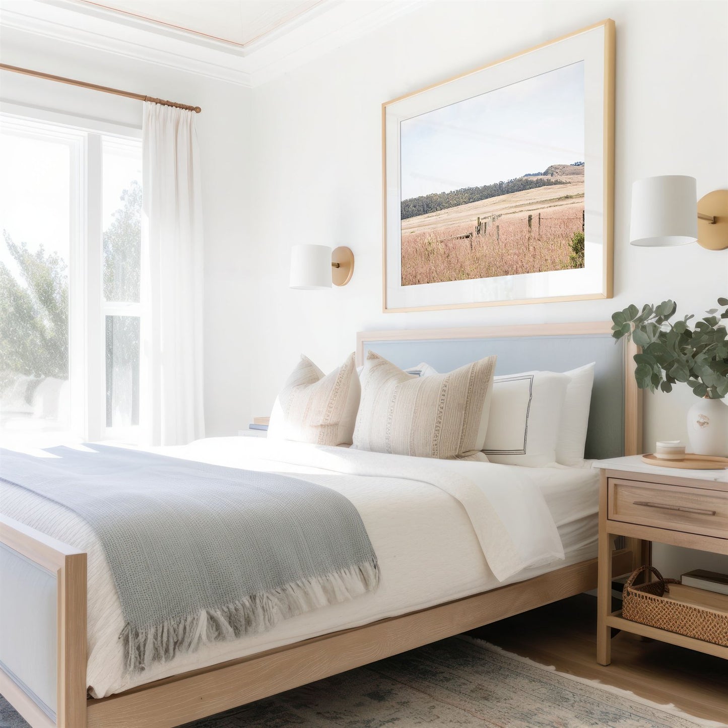 Framed photo of: Point Reyes 7187 above a bed in a coastal room.